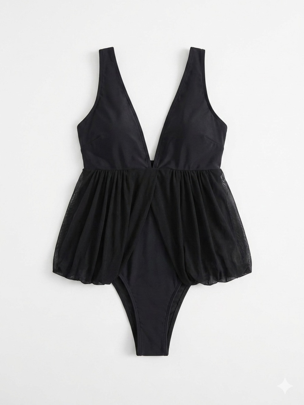 Deep V Black One-Piece Swimsuit with Sheer Peplum